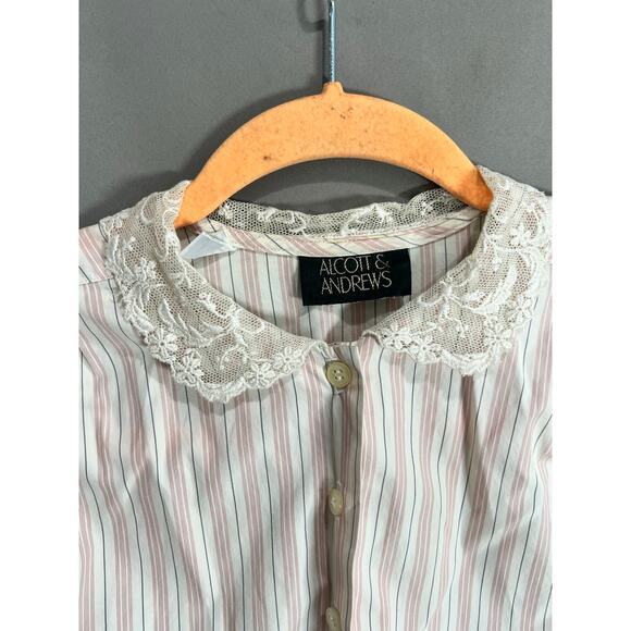 Alcott & Andrews VTG Cotton Button Blouse Pink Cream Sz 8 Coquette Cottage Lace - Picture 9 of 16